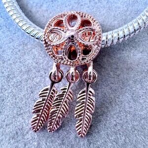 Rose Gold Spiritual Dreamcatcher Feather Charm fits PANDORA